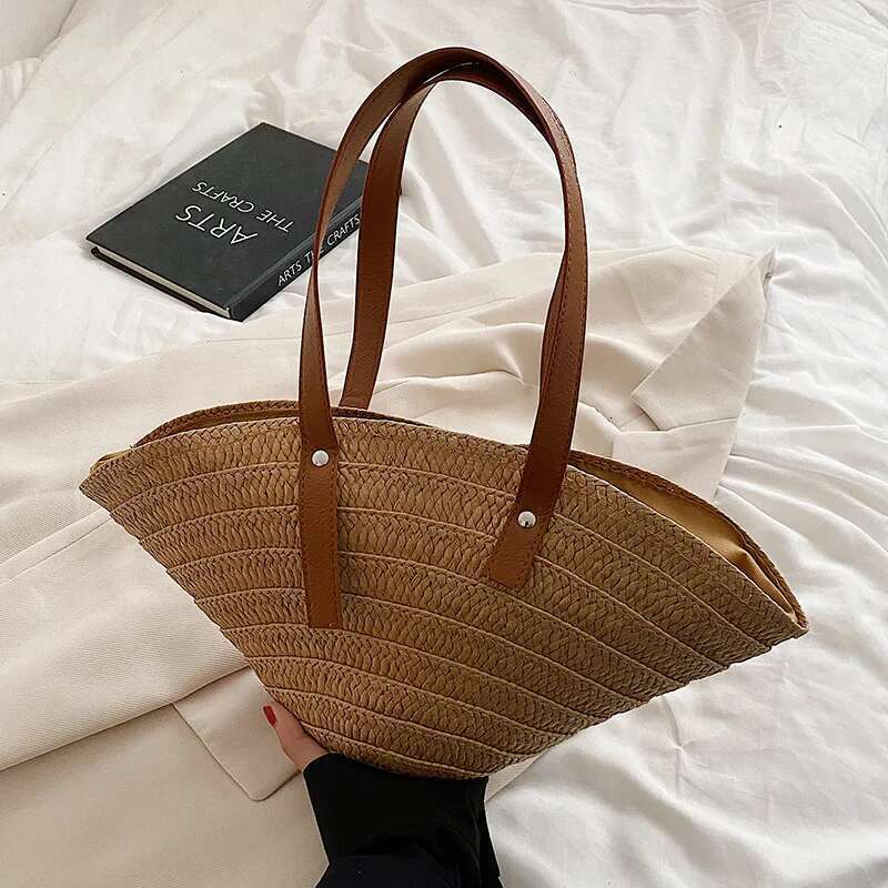Handmade Beach Bag Casual Women Shoulder Bags Straw Woven Lady Large Capacity Handbags Handmade Summer Beach Bag Travel Basket Shopper Tote Kq1