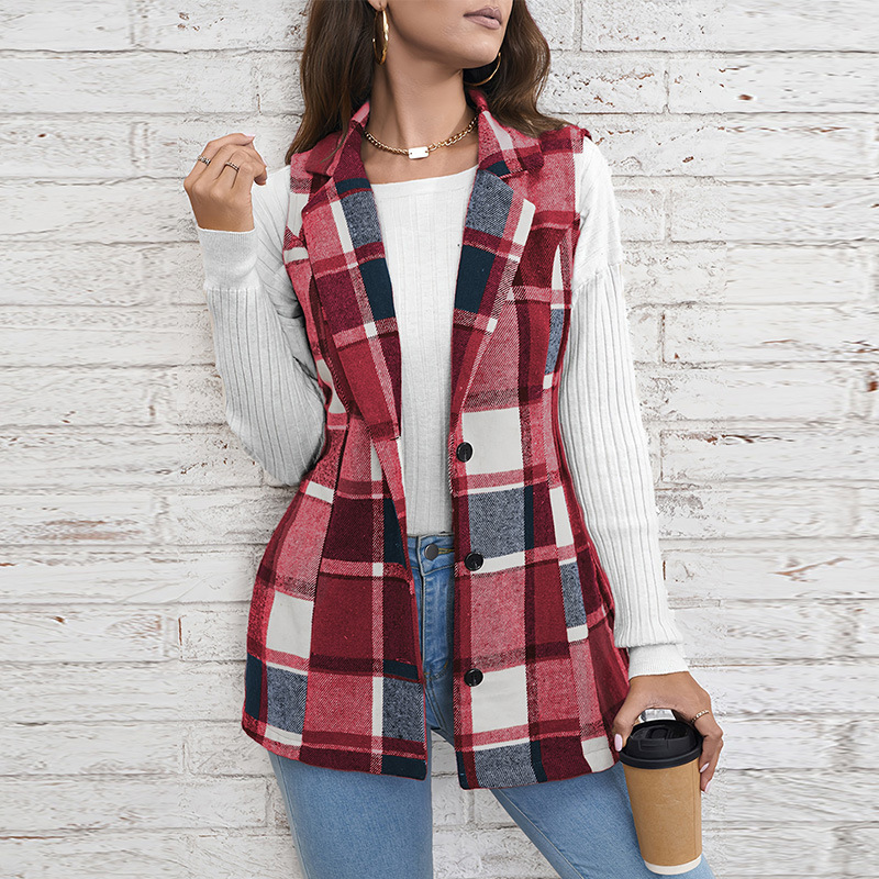 Womens coat plaid vest 2025 spring elegant style versatile sleeveless single breasted cardigan