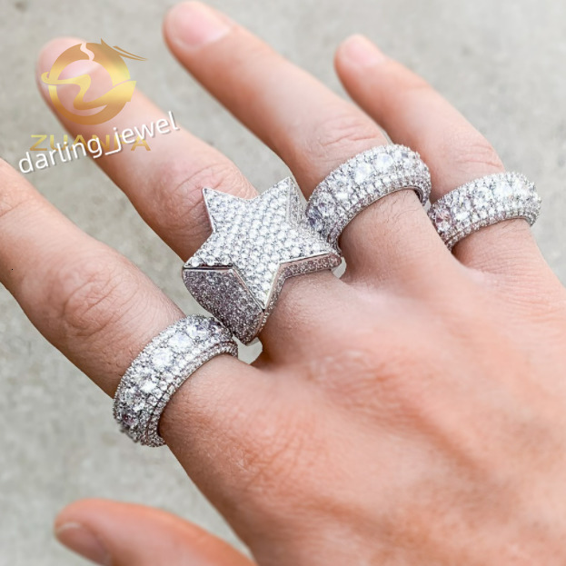 Fashion Rapper Jewelry Iced Out Hip Hop Ring Fully Moissanite 925 Silver 3 Row Moissanite Ring for Men Star Cuban Ring