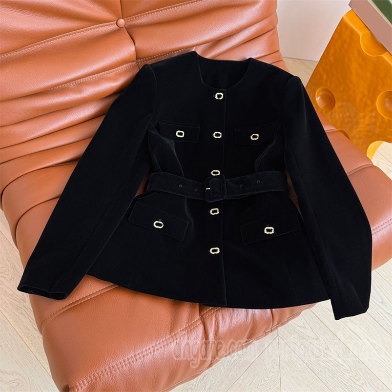Luxury Letters Velour Coat For Women Designer Elegant Slim Fit Black Jacket With Waist Belt Autumn Spring Birthday Wedding Party Dinner Outerwear