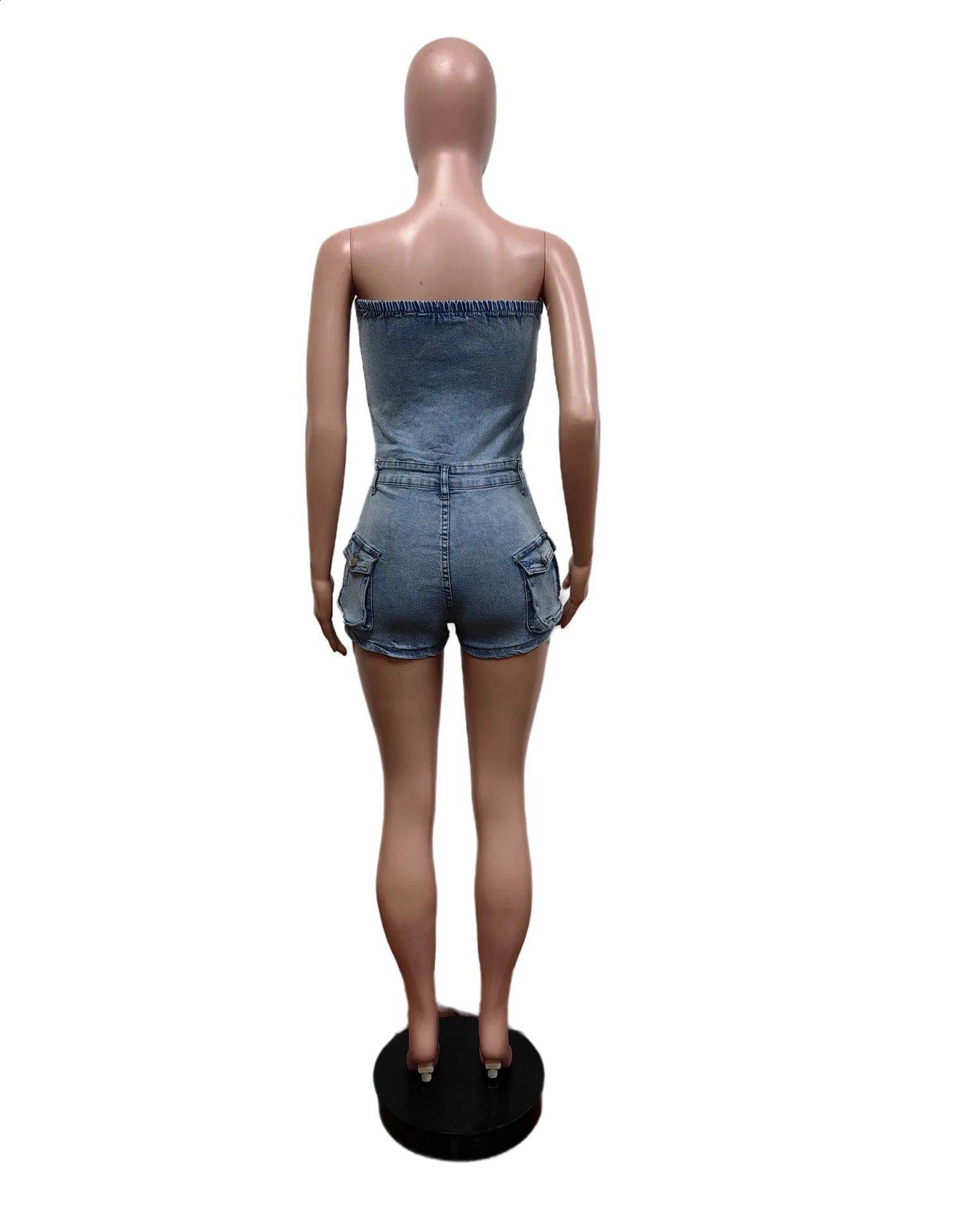 Womens casual sleeveless elastic denim jumpsuit womens fashionable onepiece set sexy shorts 250411