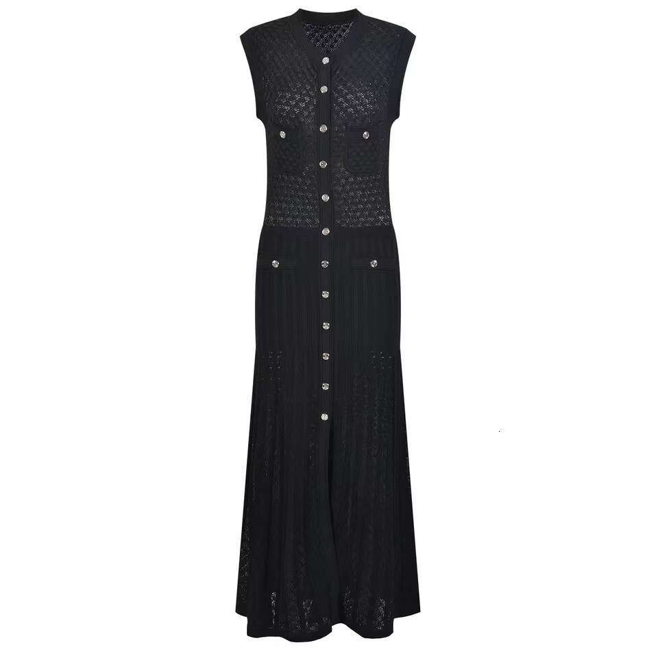Designer 2025 Summer French Socialite Style Design New Sleeveless Waist Cinching Temperament Commuting Knit Mid Length Dress