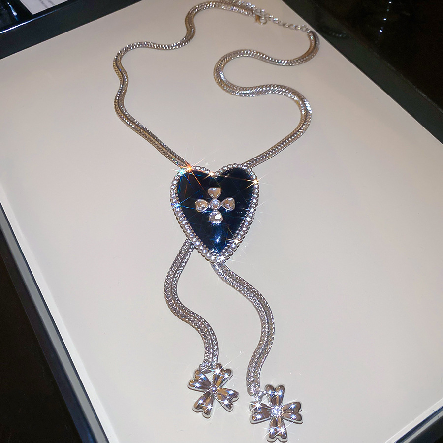 Super Shiny Diamond-Studded Oil-Drip Heart Double-Layer Pendant Necklace Fresh Sweet Choker Light Luxury High-End Sweater Chain - view 5