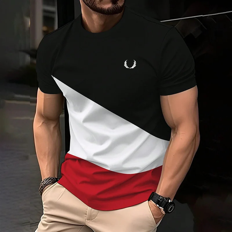 Simple contrasting color mens Tshirt fashionable summer short sleeved 3D printed childrens casual loose daily 250407