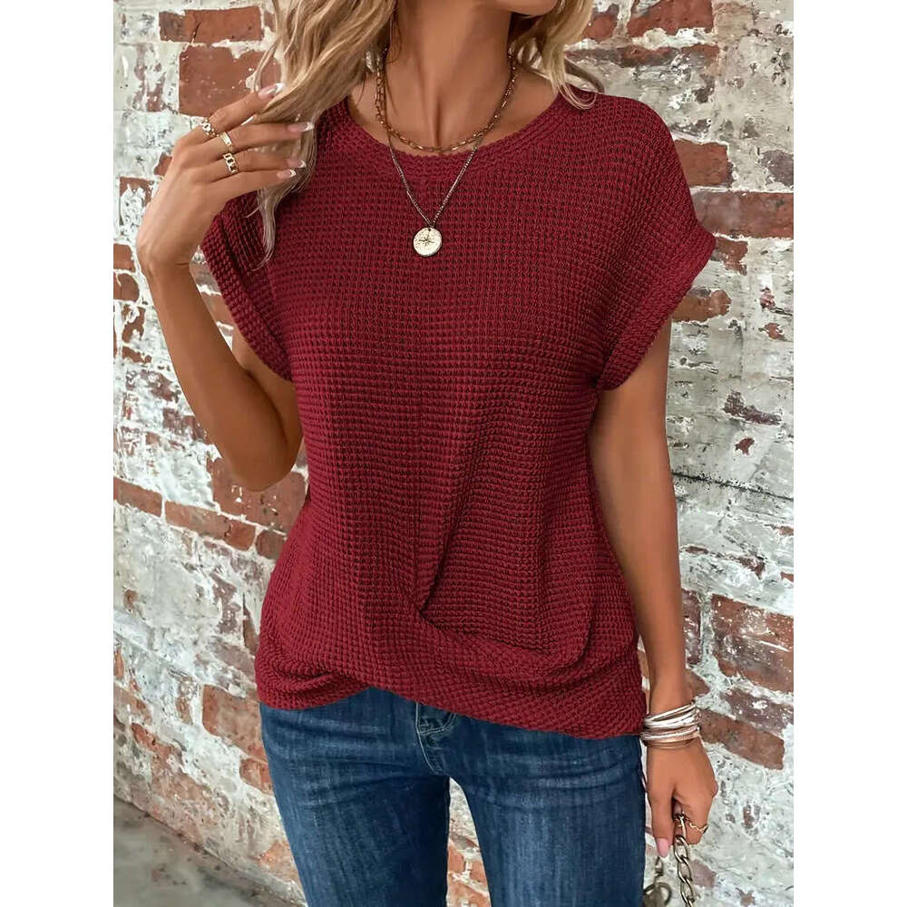 2025 Spring/Summer New Solid Color Round Neck T-Shirt Elegant Short Twisted Top Women's Wear