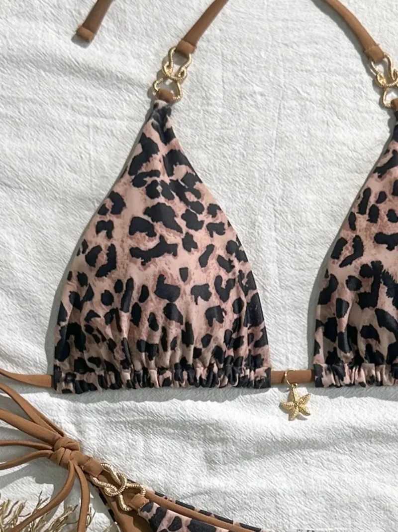 2025 New Arrival European and American Leopard Print Halter Bikini Set for Women Sexy SwimsuitW251113