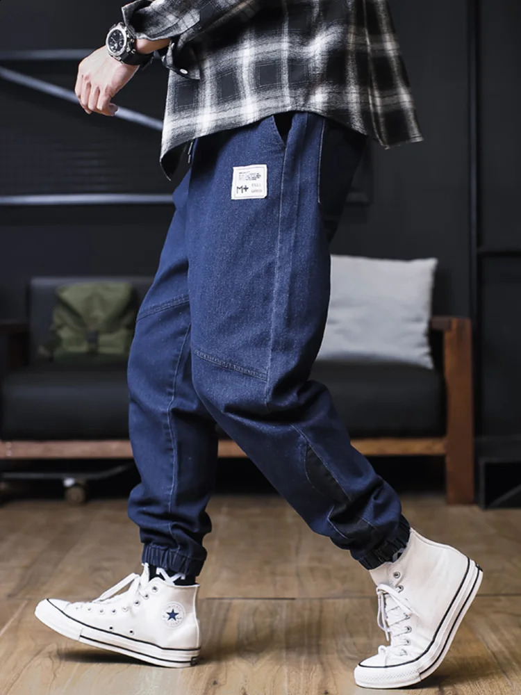 Mens loose fitting runner streetwear harem jeans cargo ankle length denim 250407