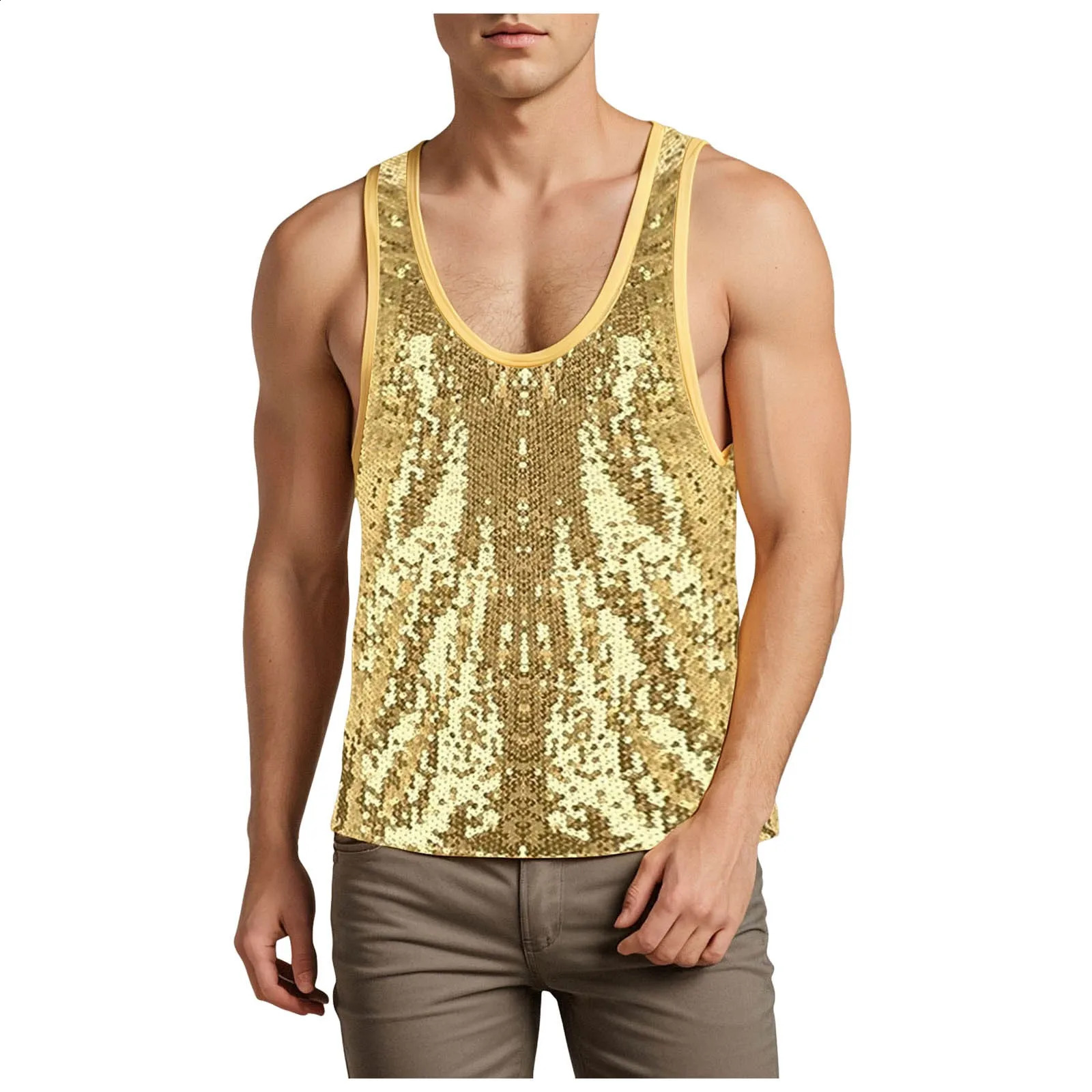 Mens Summer Sequin Vest Beach Vacation Sleeveless U Neck Sequin Splicing Tops Male Temperament Sparkle Fashion Camisole 250407