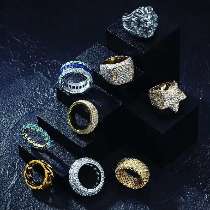 Hip Hop Gold Plated 925 Sterling Silver VVS Moissanite Rings Iced Out Baguette Cut Moissanite Ring Men