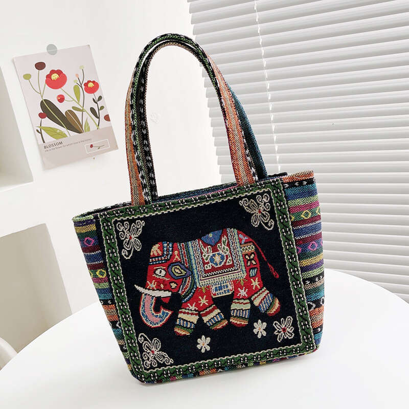 Cartoon embroidery canvas women's ethnic style casual mommy handbag, office worker small shoulder bag