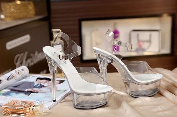 Women Female Model T Station Catwalk Sexy Crystal Transparent Shoes 15Cm High Heels Waterproof Fish Head Sandals