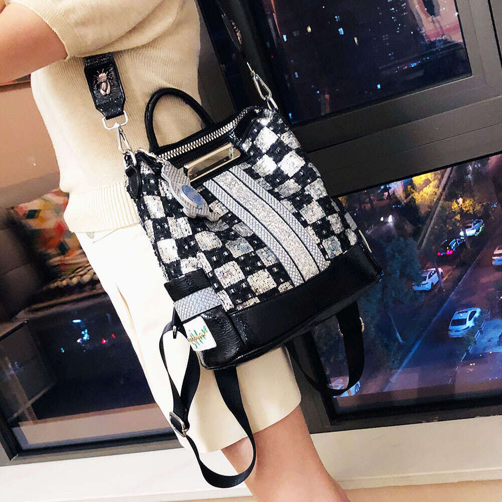 Backpack Shoulder for Women New Korean Fashion Denim Sparkling Backpack Embroidered Splicing Checkered Women's Bag