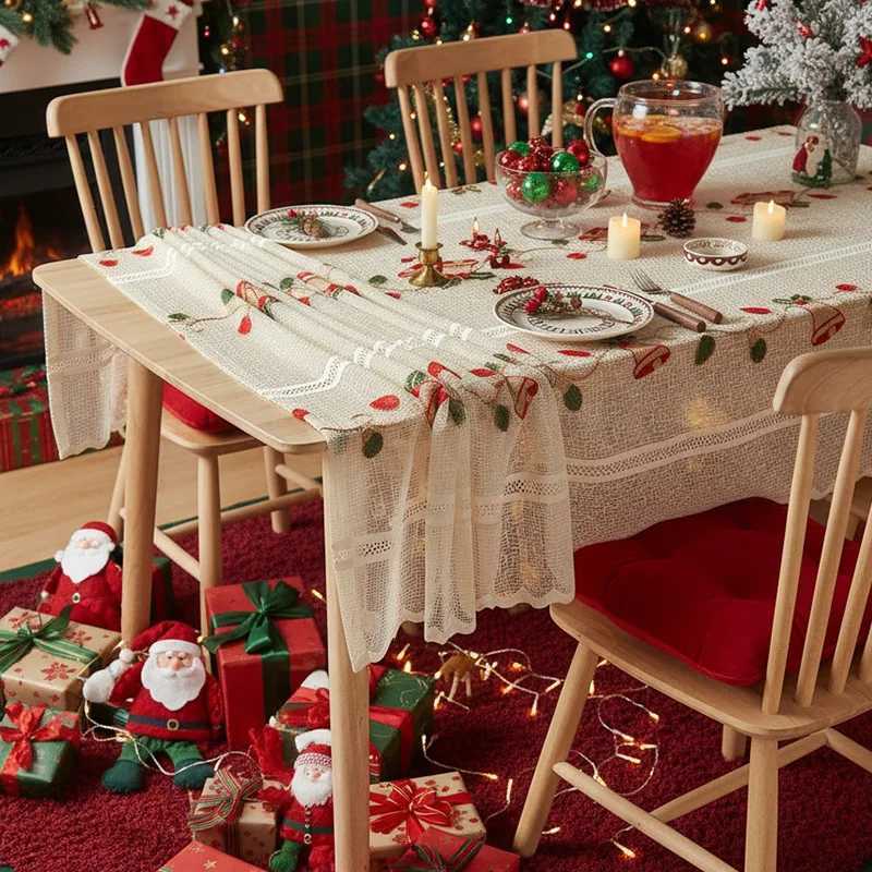 Christmas Christmas Lace Flower Tablecloth Embroidery Gauze Tablecloth Rectangular Party Dinner Decor Beige Tablecloth-7 Designs 3 Sizes Y251113