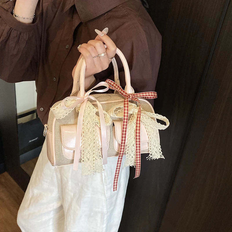 Y2K Top-handle Bags For Girls Lace Ribbon Decor Shoulder Crossbody Bag JK Accessories Latest Trend er Handbags 250411
