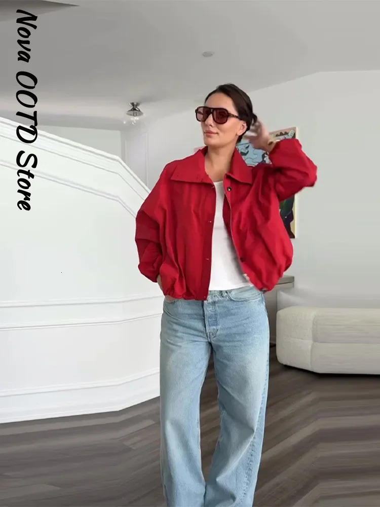 Casual Red Zipper Short Bomber Jacket Women Stand Collar Full Sleeve Button Pocket Coat 2025 Autumn Lady Chic Street Outwear 251112