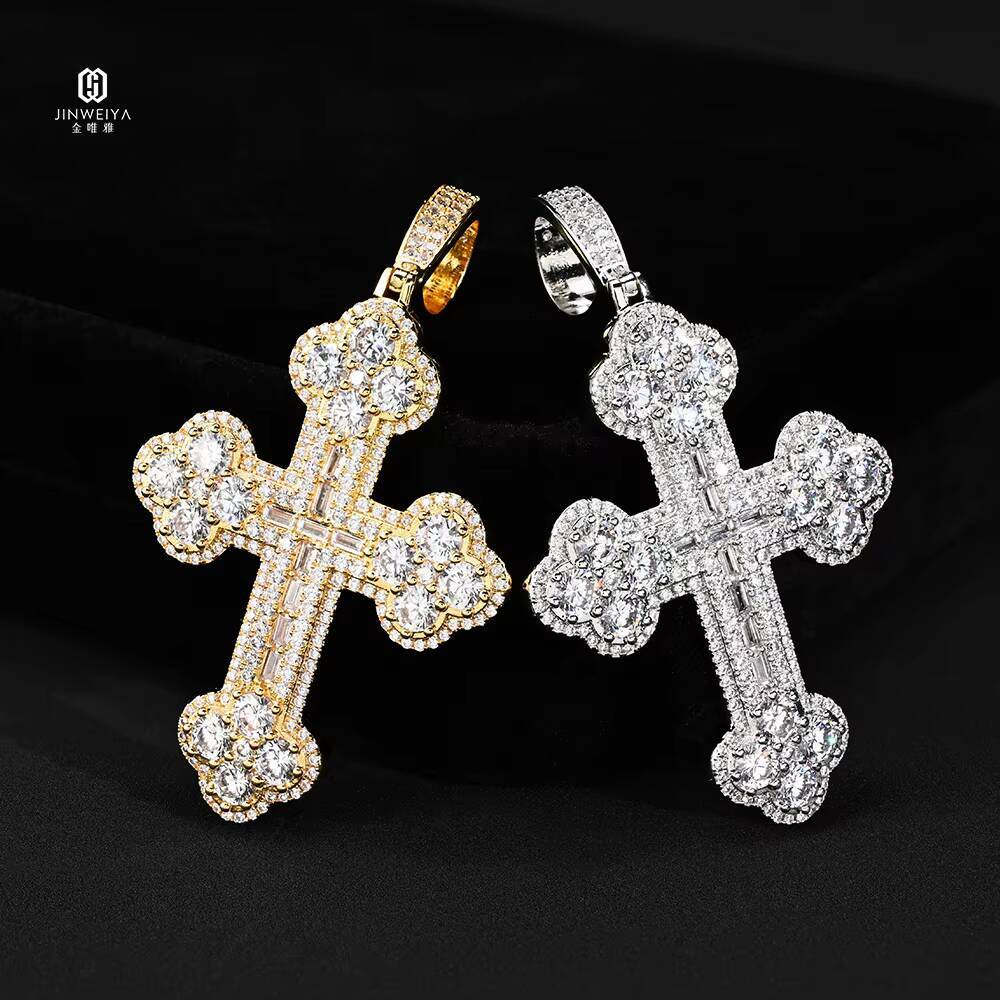 Baguette Cut VVS Iced-Out Moissanite Cross Pendant Fully 925 Silver Hip-Hop Style Religion Pendant