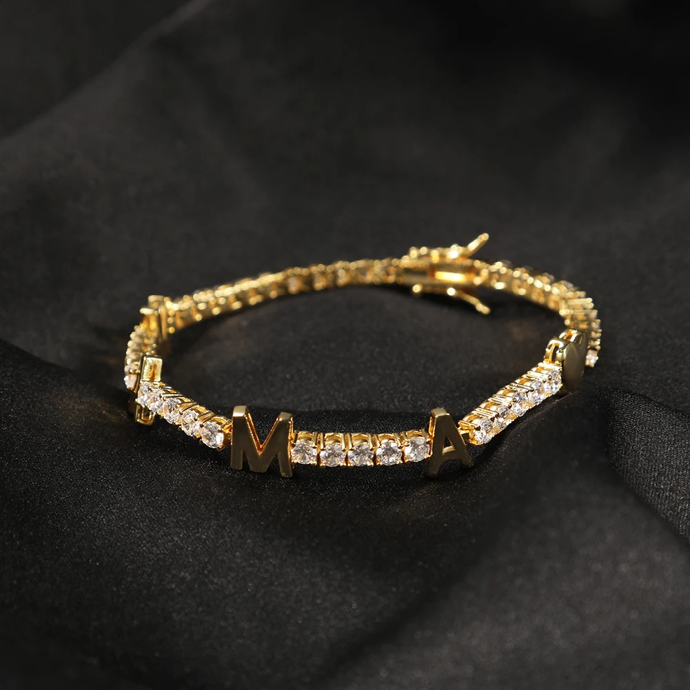 Bling King Womens Customized Name Bracelet CZ 3mm Tennis Chain Iced Cube Zircon 18K Gold Plated DIY Letter Jewelry Gift 250408