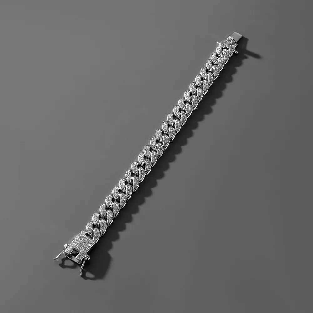 HipHop Men Women 13MM Prong Cuban Link Chain Bracelet Bling Iced Out 2 Row Rhinestone Paved Miami Rhombus Cuban Chain JewelryC250411