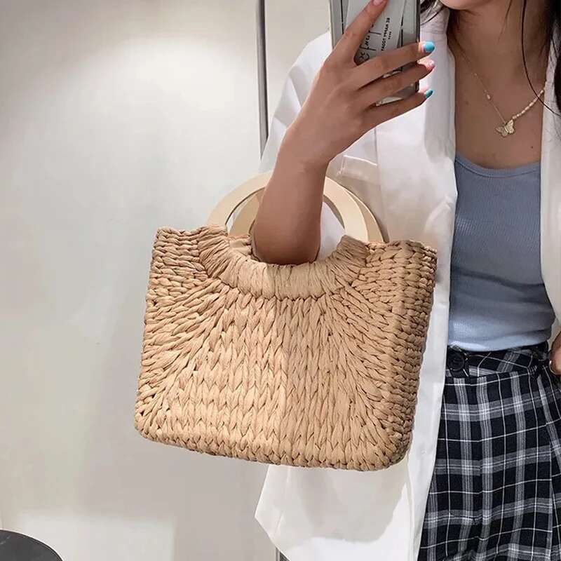 Handmade Beach Bag Fashion Lady Straw Woven Basket Handbag Summer Women's Shoulder Bag Bohemia Travel Han Made Beach Bucket Shopper Tote Kq1