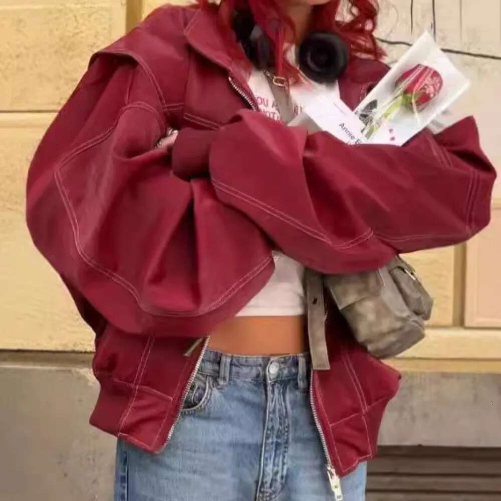 Fashion Patchwork Lapel Long Sleeve Coats Vintage Red Zipper Leather Jacket For Women 2025 Autumn Winter Female Casual Outerwear
