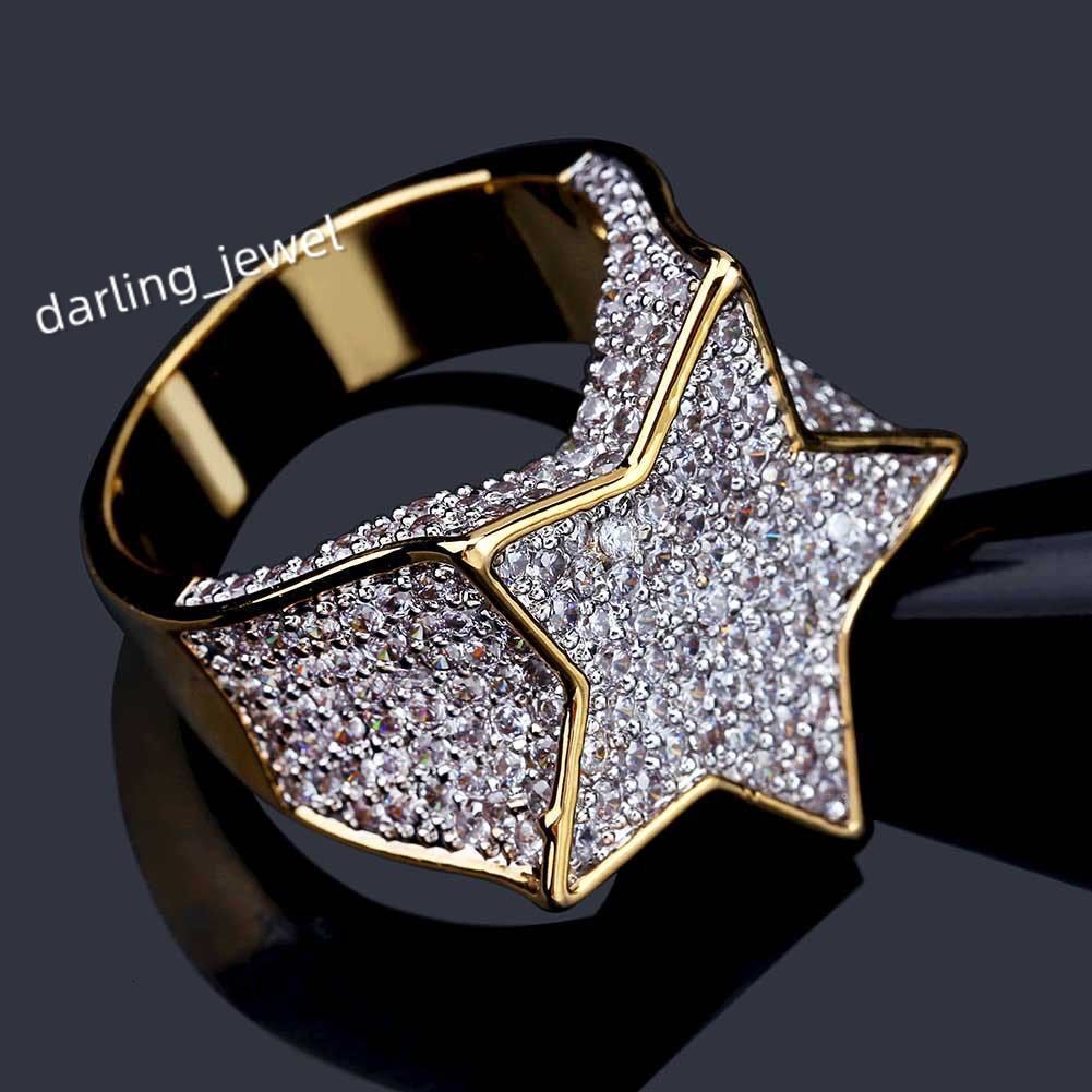 Wholesale Price Mens Stainless Steel Hip Hop Star Ring 18K Gold Plated with Two Tone Cubic Zirconia for Gift