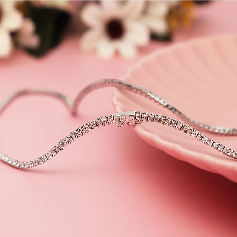 41/42/43cm16/17 Inch Real 925 Sterling Silver 2 mm Zircon Tennis Chain Necklace Women Engagement Wedding Choker Fine Jewelry 250407