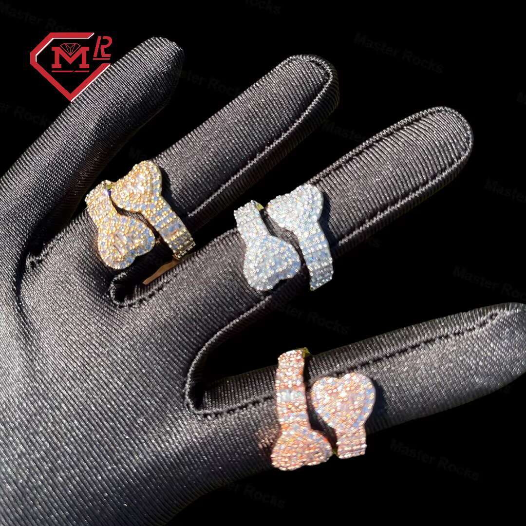 Adjustable Open Iced Out Bling Baguette Double Heart Ring With Gra Certificate S925 Silver Moissanite Ring