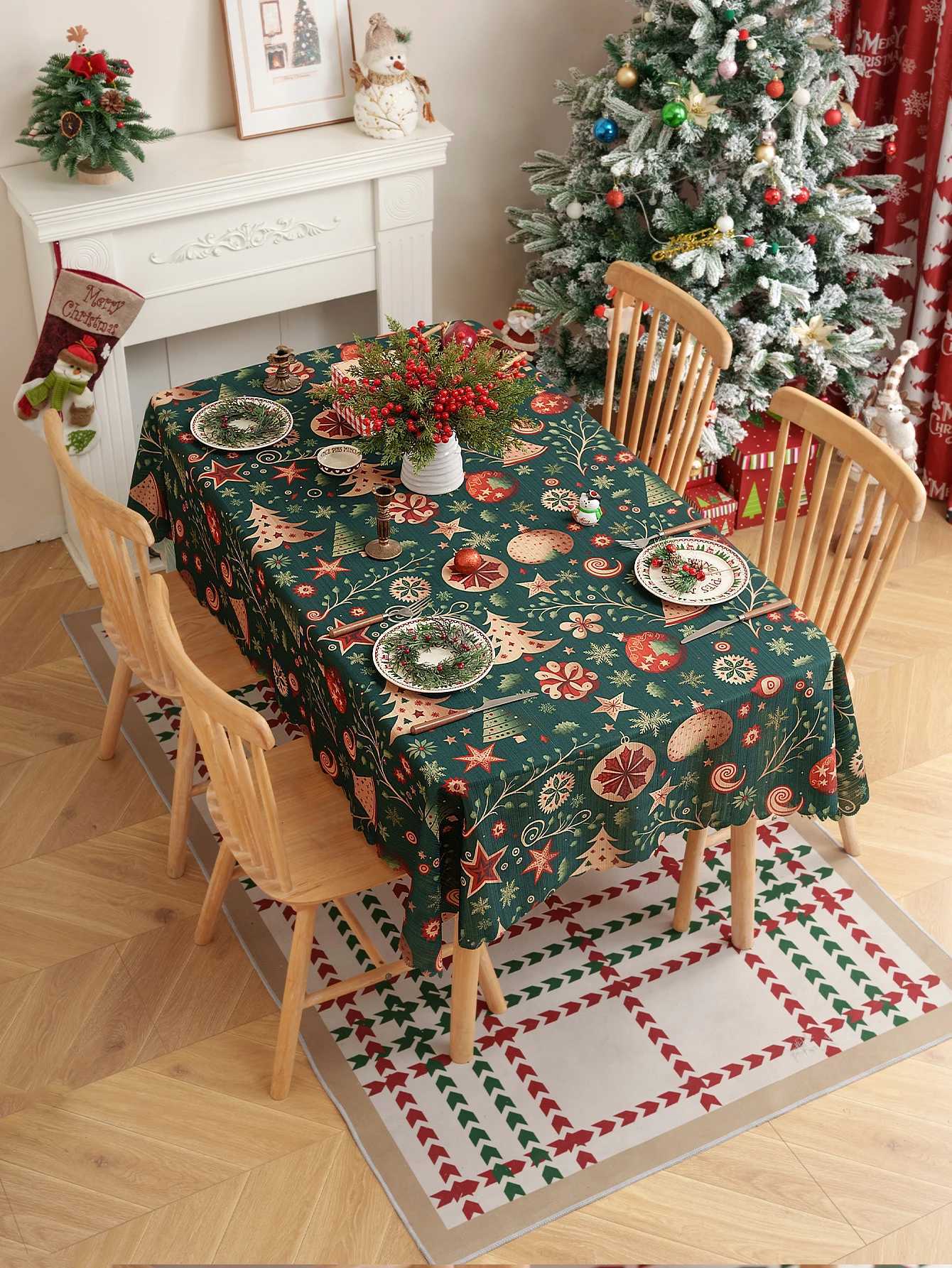 Christmas American Style Christmas Tree Print Tablecloth Green Background Christmas Party Tablecloth Non-Slip Decorative Dining Table Deco Y251113