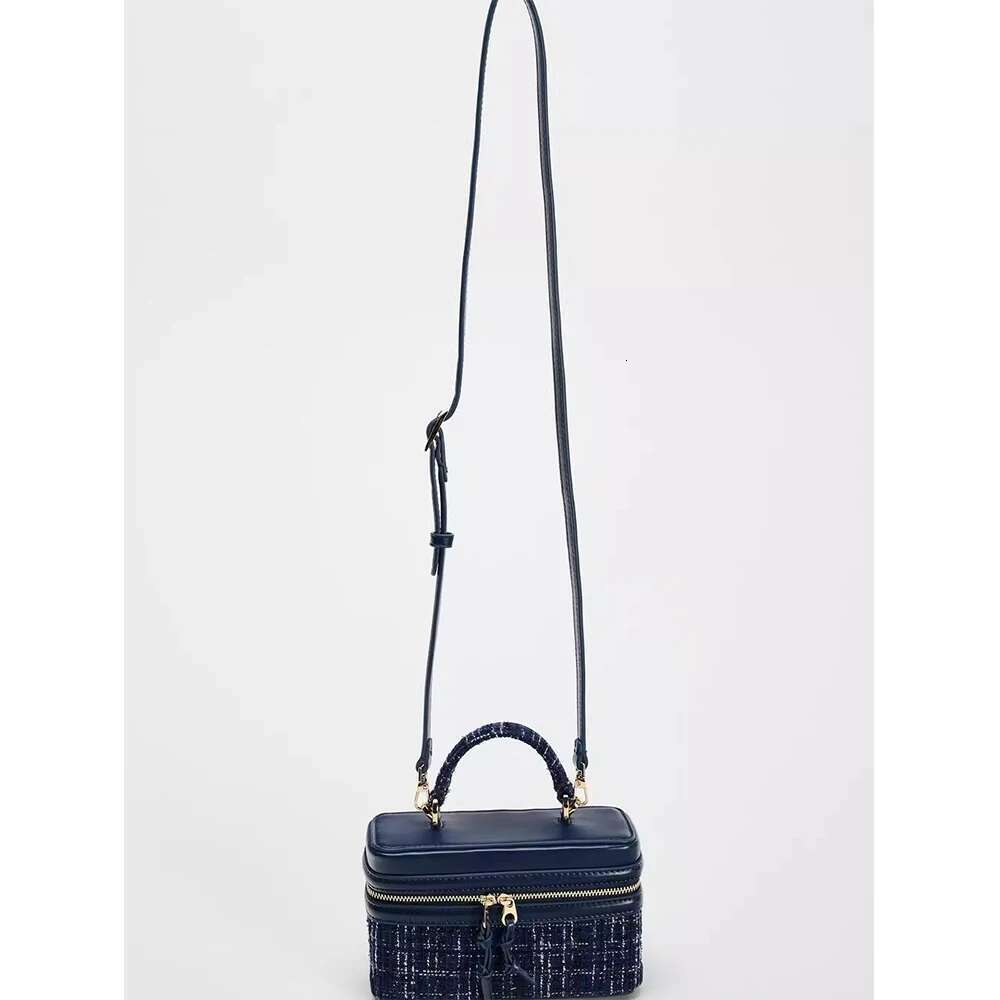 Tweed Textured Blue Mini Handbags For Women Patch Pu Leather Satchels Box Zipper Packs Female All-match Commute Crossbody Bags