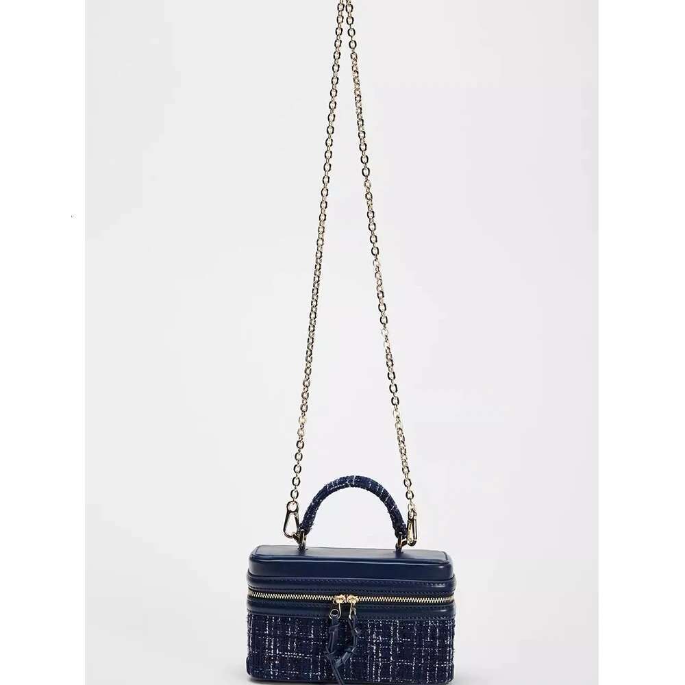Tweed Textured Blue Mini Handbags For Women Patch Pu Leather Satchels Box Zipper Packs Female All-match Commute Crossbody Bags