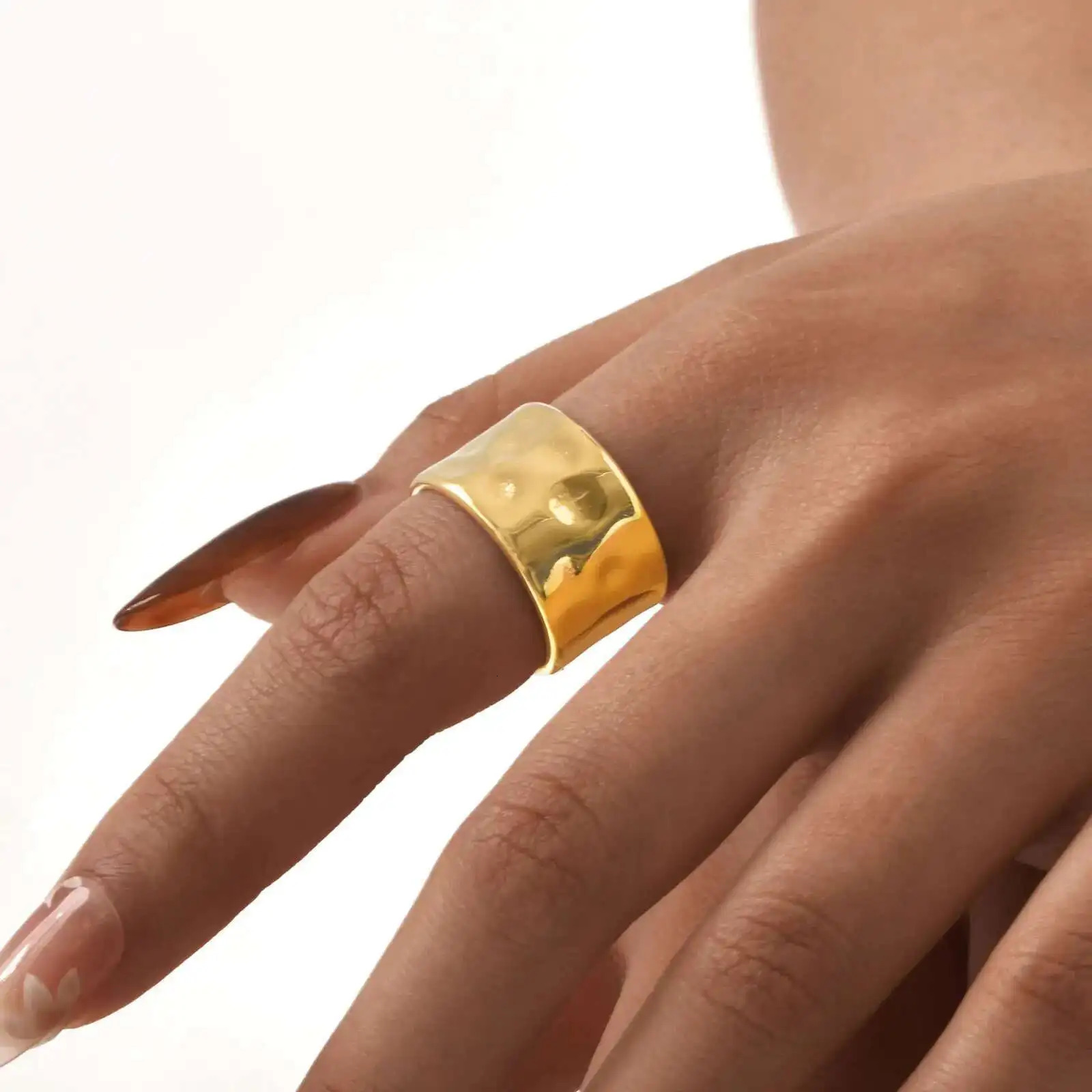 Geometric Metal Chunky Rings Stainless Steel Gold Plated Irregular Surface Womens Rings Girls Finger Jewelry Mothers Day Gift 251112