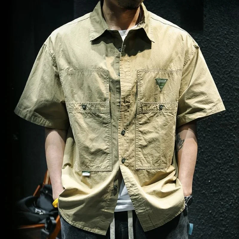 Mens short sleeved product with pocket shirt suitable for mens summer s Korean style fashionable Asian cotton top 250411