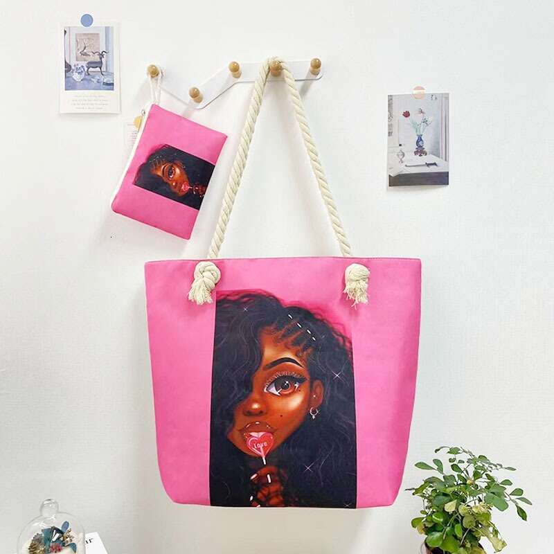 New style versatile tote for women, portable shopping bag, creative women's printed thick rope beach bag