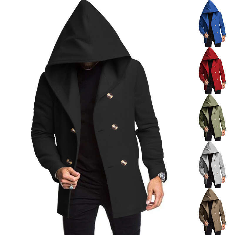 2025 Cross-Border Foreign Trade Amazon New Product European and American Men's Mid-Length Slim Fit Trench Coat Hooded Casual Solid Color Jacket