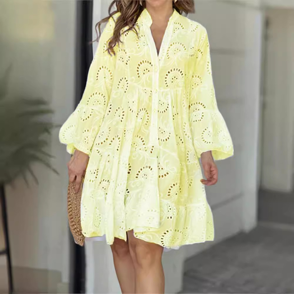 F410Embroidered Floral Sexy Dress in Summer Colors - Comfortable V-Neck Style