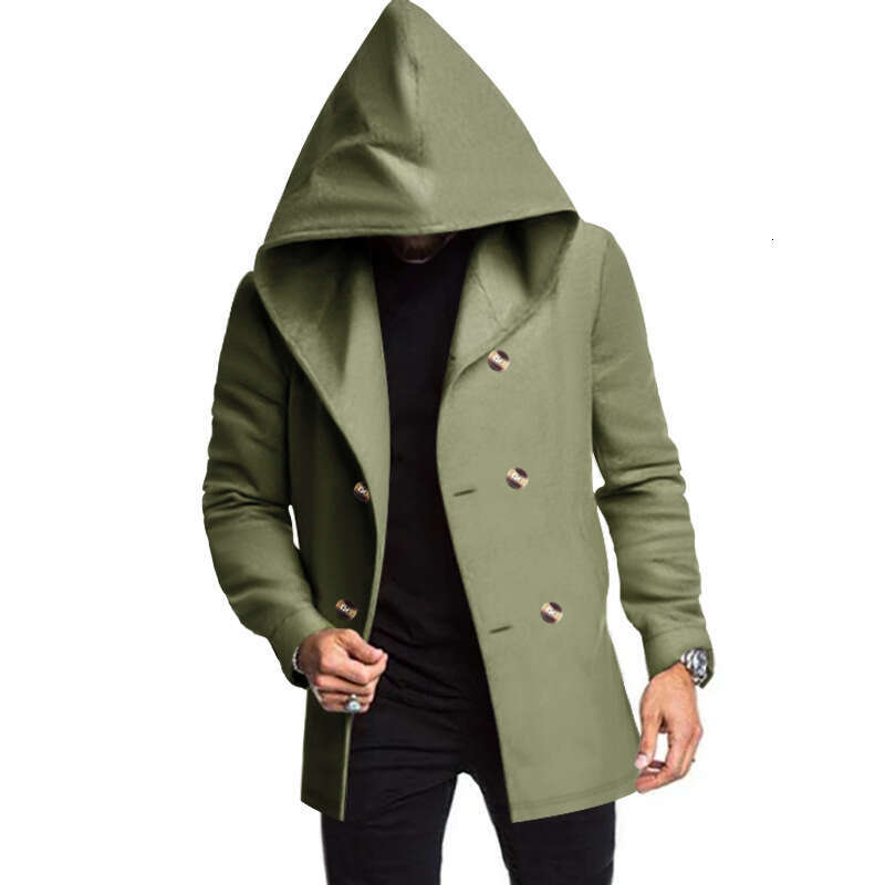 2025 Cross-Border Foreign Trade Amazon New Product European and American Men's Mid-Length Slim Fit Trench Coat Hooded Casual Solid Color Jacket