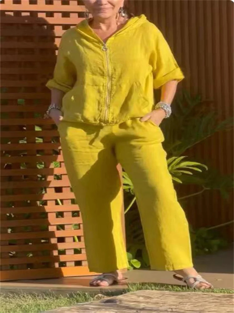 Plus size womens suit solid color cotton hemp fashion zipper hoodie top pants plus size womens clothing 250410