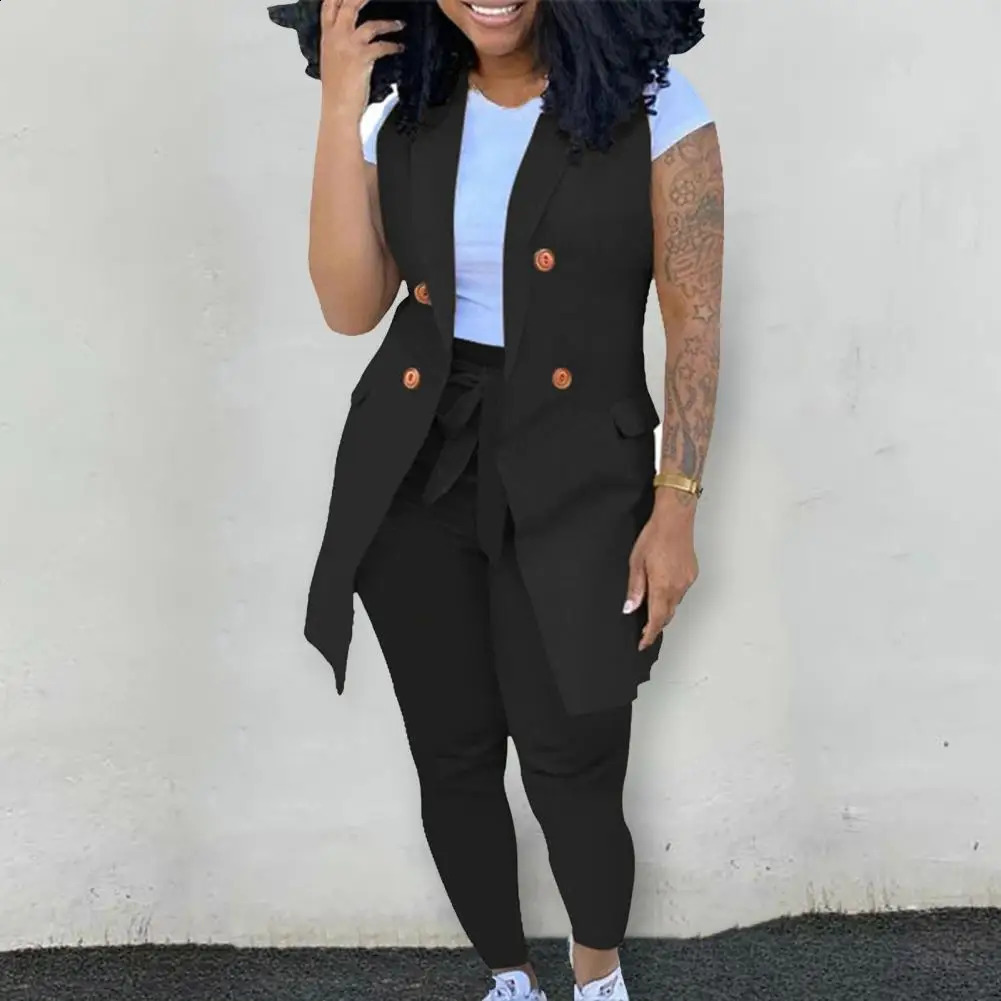 2 PcsSet Women Coat Trousers Suit Sleeveless Lady Waistcoat Trousers Suit Slim Fit Coat Pants Set 250410