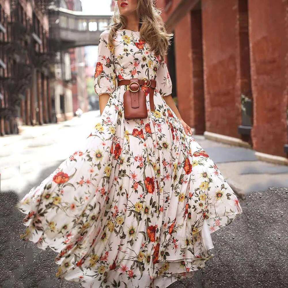 Spring Autumn Vintage Wer Ral Print Maxi Dress Office Lady Fashion Mujer Elegant Long Sleeve O-Neck Dresses For Women 2023
