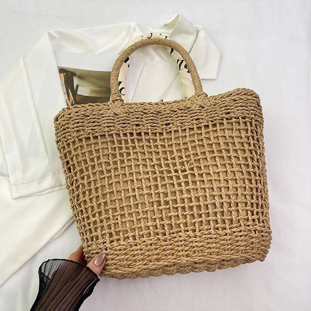 Handmade Beach Bag Womens Large Straw Tote Bag Braided Raffia Handbag Letter Ribbon Accent Drawstring Lightweight Spacious For Beach Vacation Kq1