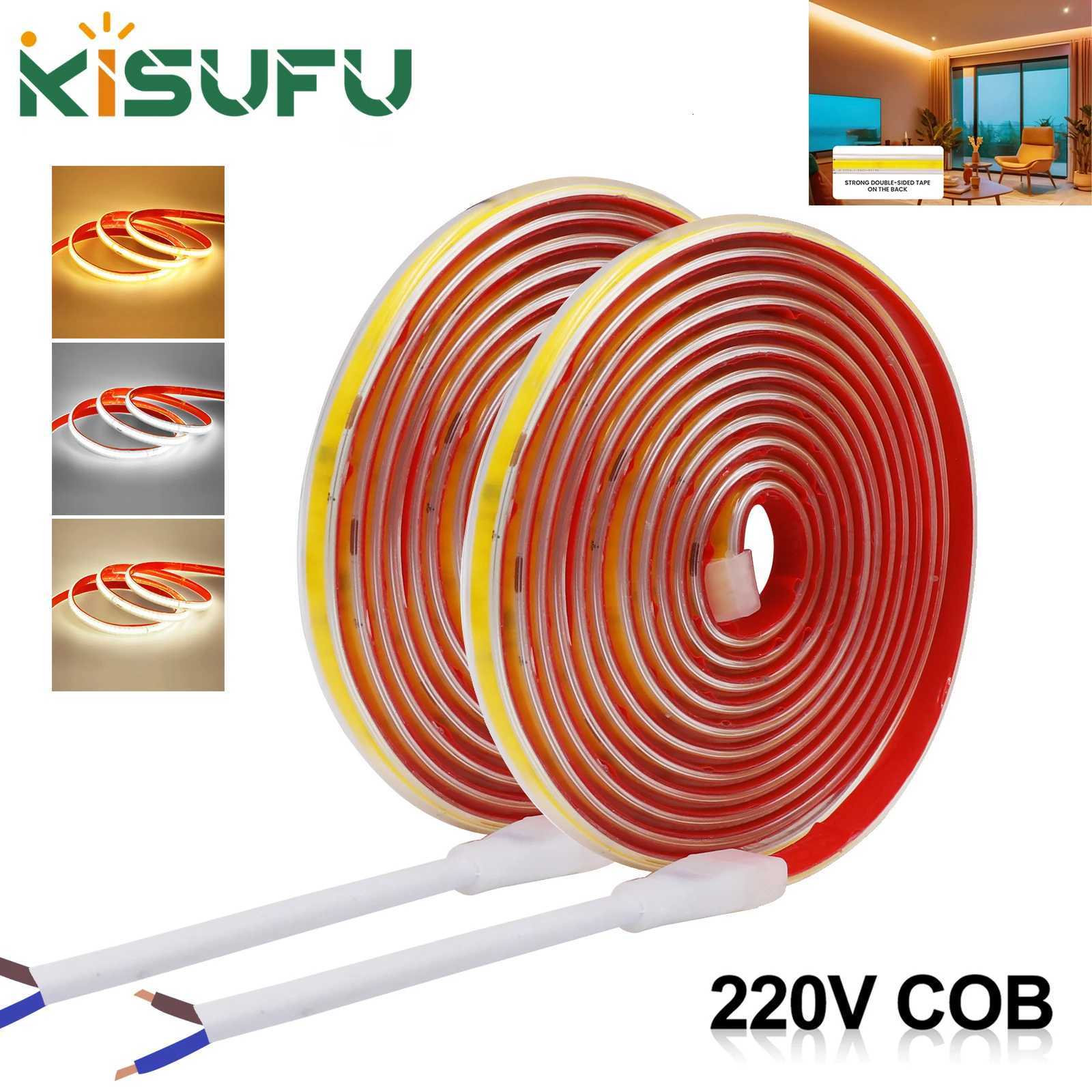 AC 220V COB Strip 240Leds/M IP65 Waterproof 3000K 4000K 6000K Flexible Ribbon Rope LED Light 10CM Cut Self Adhesive Diode Tape W251112