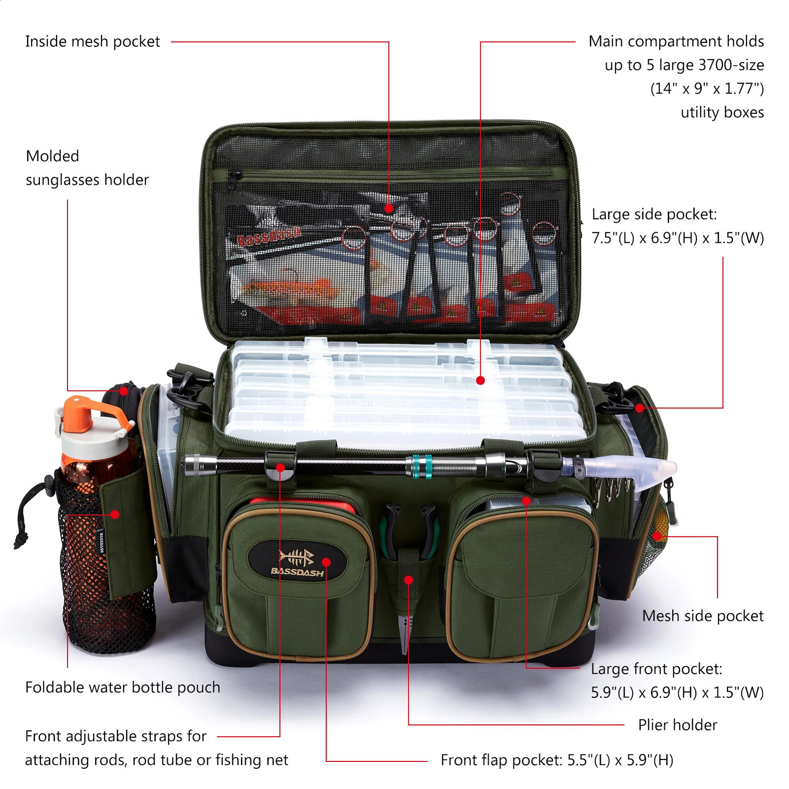 BASSDASH fishing rod shoulder bag waterproof and lightweight gear storage with hard molded bottom rain cover 250410