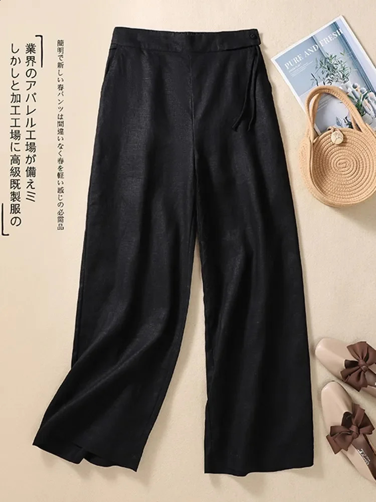 Womens casual wide leg pants summer retro style solid color straight loose womens cotton linen pants 250411
