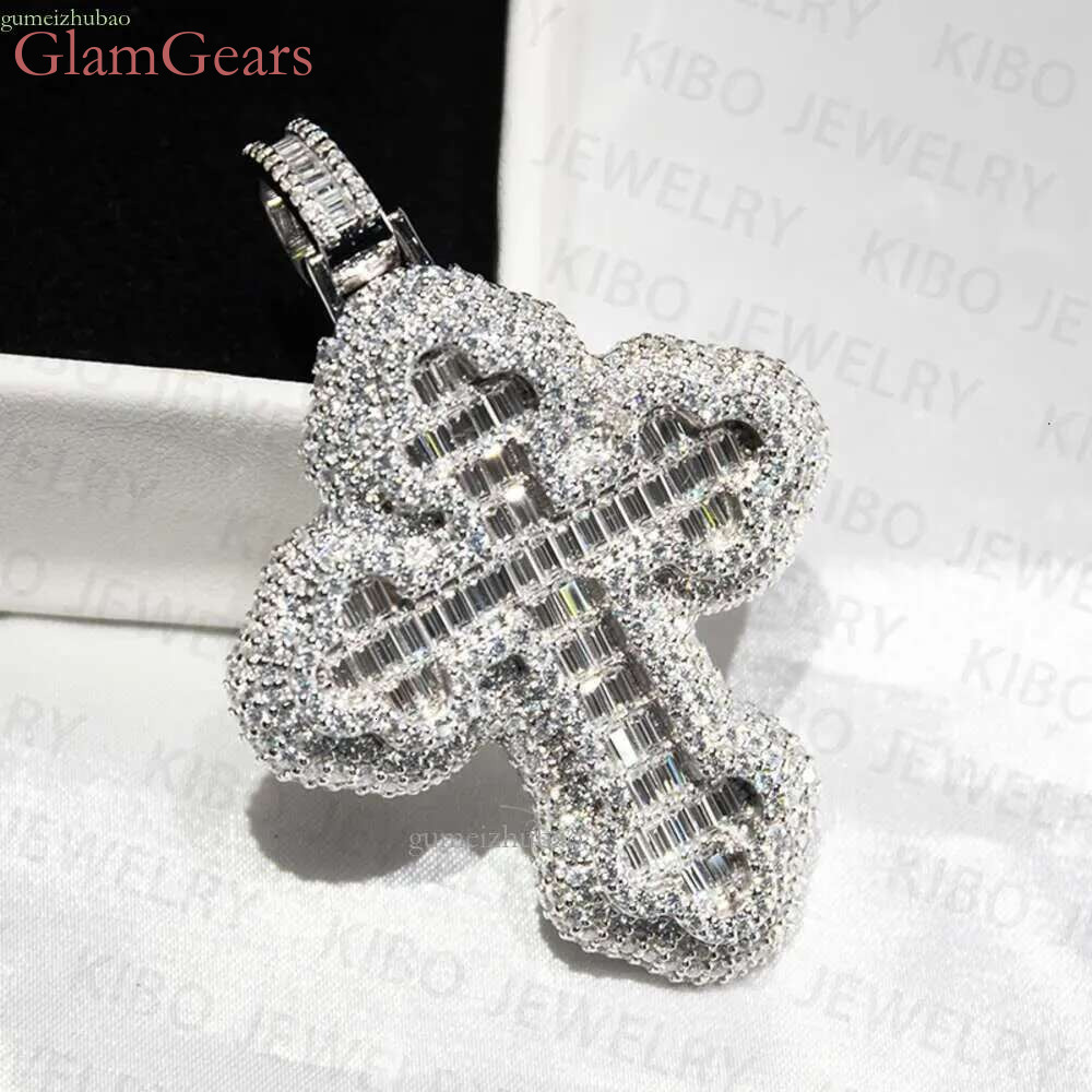 Christmas Gift Hiphop Iced Out Baguette & Round VVS Moissanite Cross Pendant And Chain Necklace For Men Jewelry