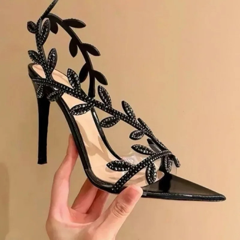 New Summer Women High-heeled Sandals Pointed Rhinestone Leaf Stiletto Sandals Temperament Fashion High Heels Shoes for Women R251113
