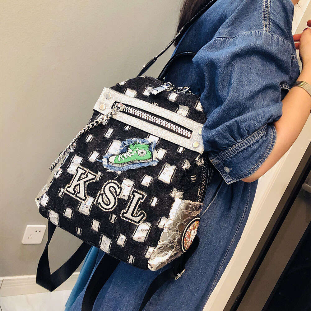 Backpack denim sequin for women new Japanese and Korean trendy letter chain backpack fashion crossbody bag