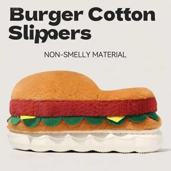 Home Slippers Women Winter Warm Plush Burger Hamburger Indoor Funny Cute Floor Home Room Shoes Flat Men House Fuzzy Female Male Z251113
