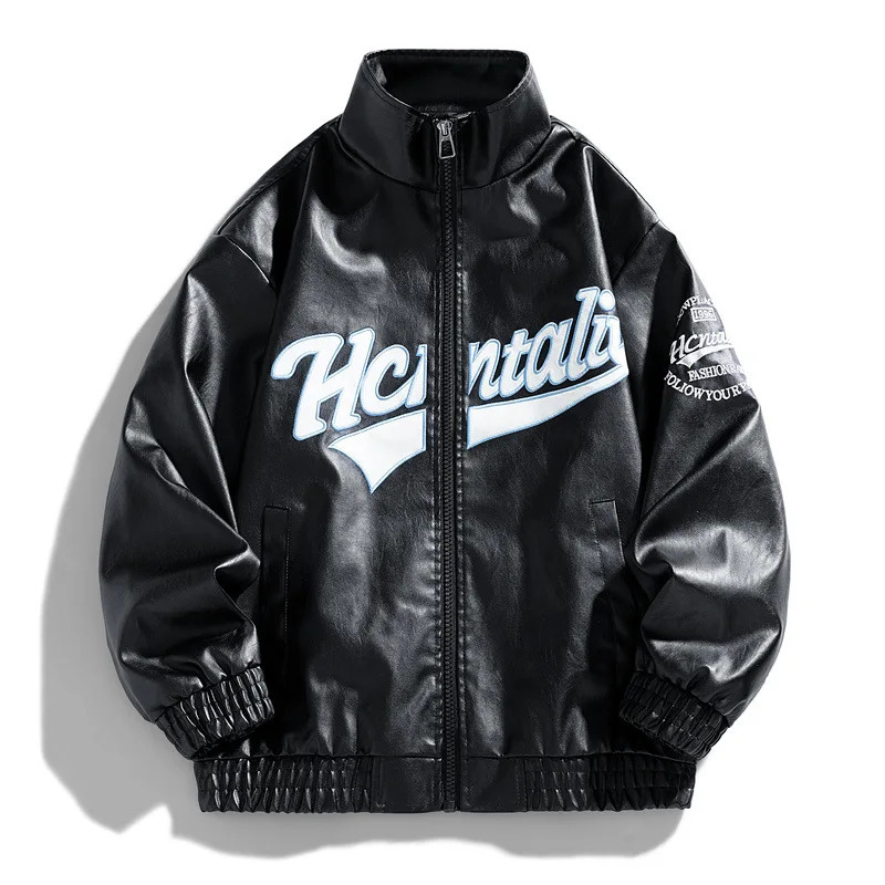 Leather Jacket Man Embroidery Letter Biker Men Fashion Racing Coat Baggy Loose Spring Autumn Windbreaker Outwear Red 251112