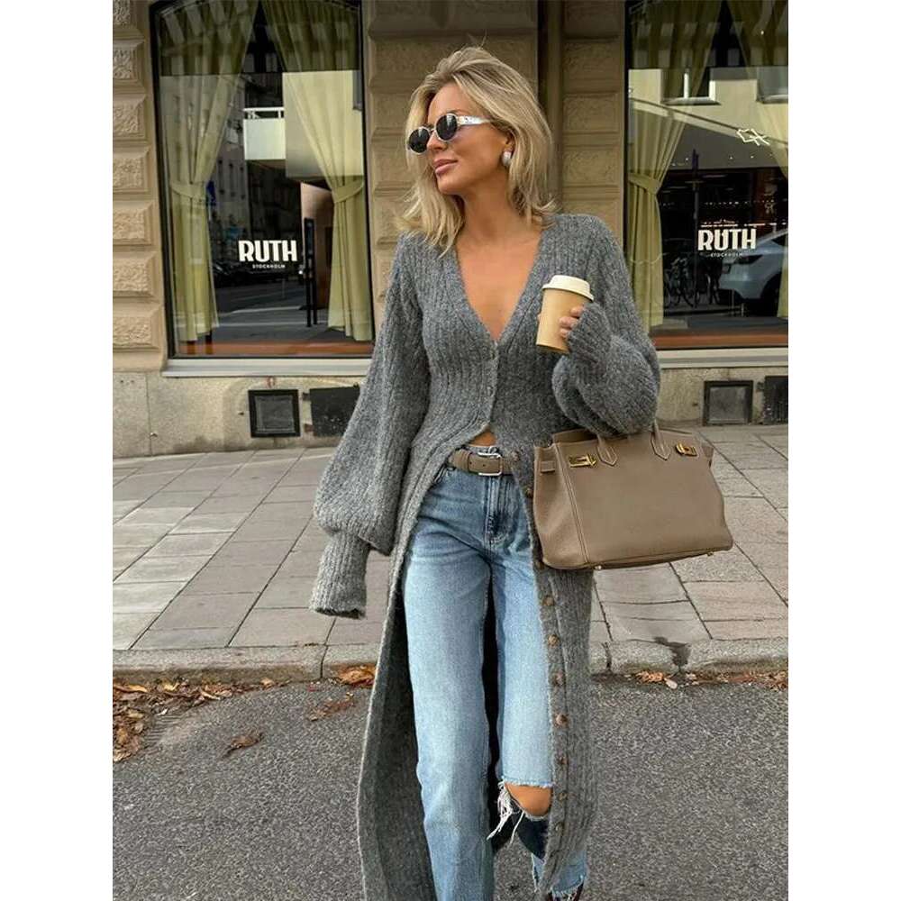 Women's Fashion Single Breasted Knit Cardigan Loose V-Neck Grey Buttons Sweater 2024 Autumn New Lady Commuting Streetwear