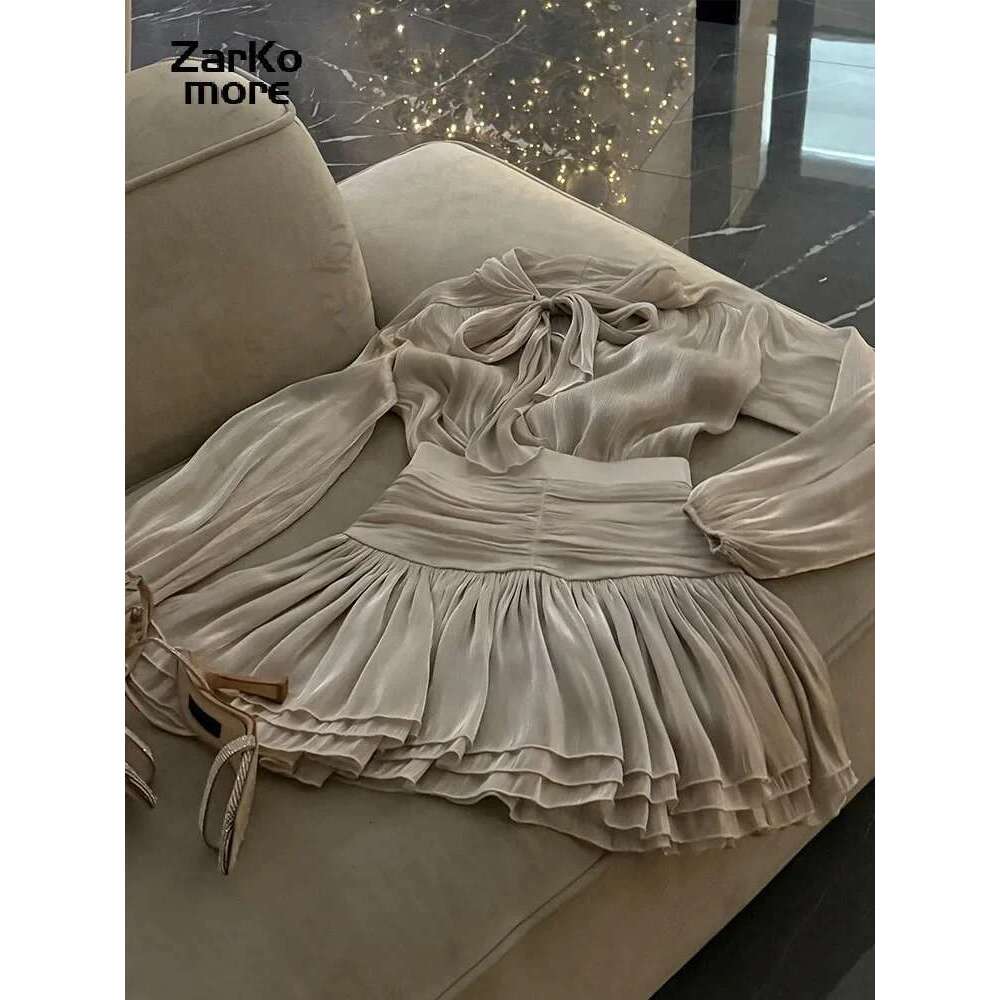 Chic Bow Top Mini Skirts Sets Women O-Neck Long Lantern Sleeve Blouses High Waist Pleated Skirt 2025 Spring New In Matching Suit